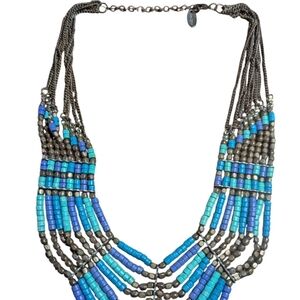 AA1 Vintage Tanjore India Stamped Blue Beaded Bib Necklace